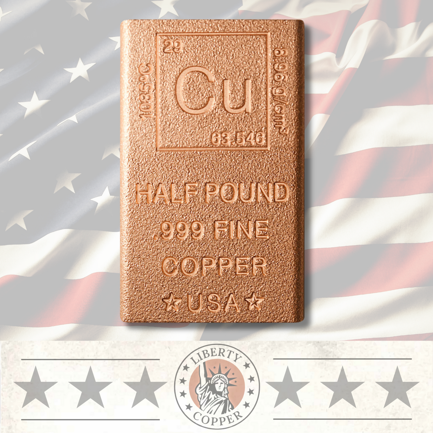 half pound copper bar, 1/2 lb copper bar, .999 fine copper bar, element copper bar, copper bullion bar, copper periodic table bar, buy copper bullion, copper collector, copper stacking, copper investment, copper gift, pure copper bar, copper bullion USA