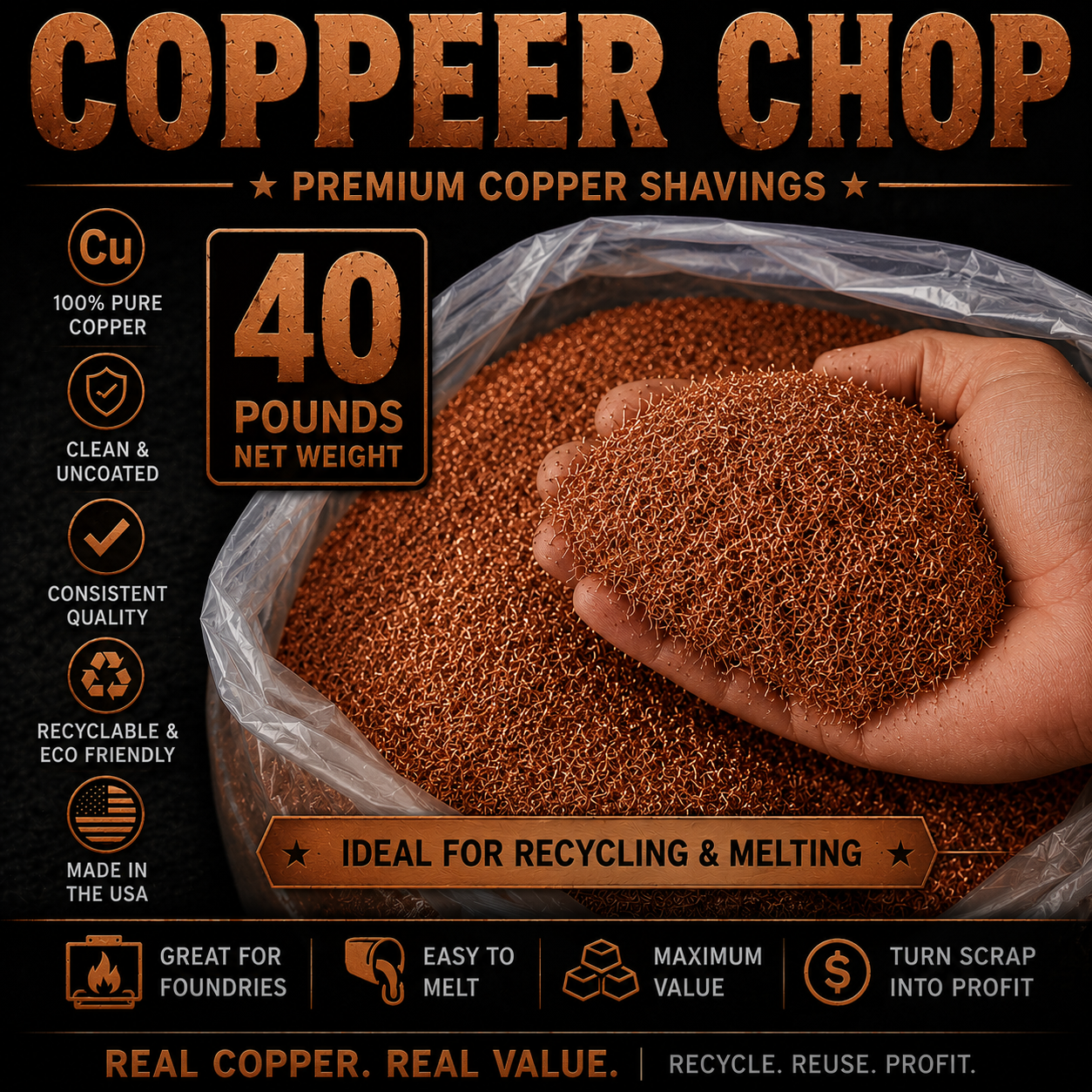 40 lb pure copper chop and copper shavings for melting, casting and foundry use