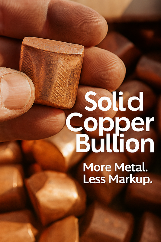 Close-up of a hand holding a pure .999 copper bullion nugget with more copper pieces in the background, showing texture and shine under warm light, promoting solid copper bullion value.