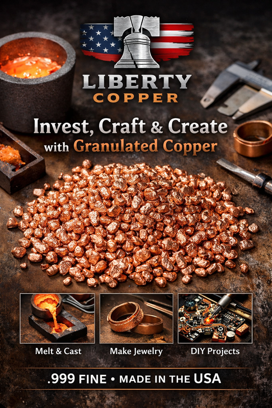 Pile of shiny granulated copper (copper chop) spilling on a wooden surface, showcasing .999 fine copper granules for investment, jewelry making, DIY projects, and melting/casting. Made in the USA by Liberty Copper.