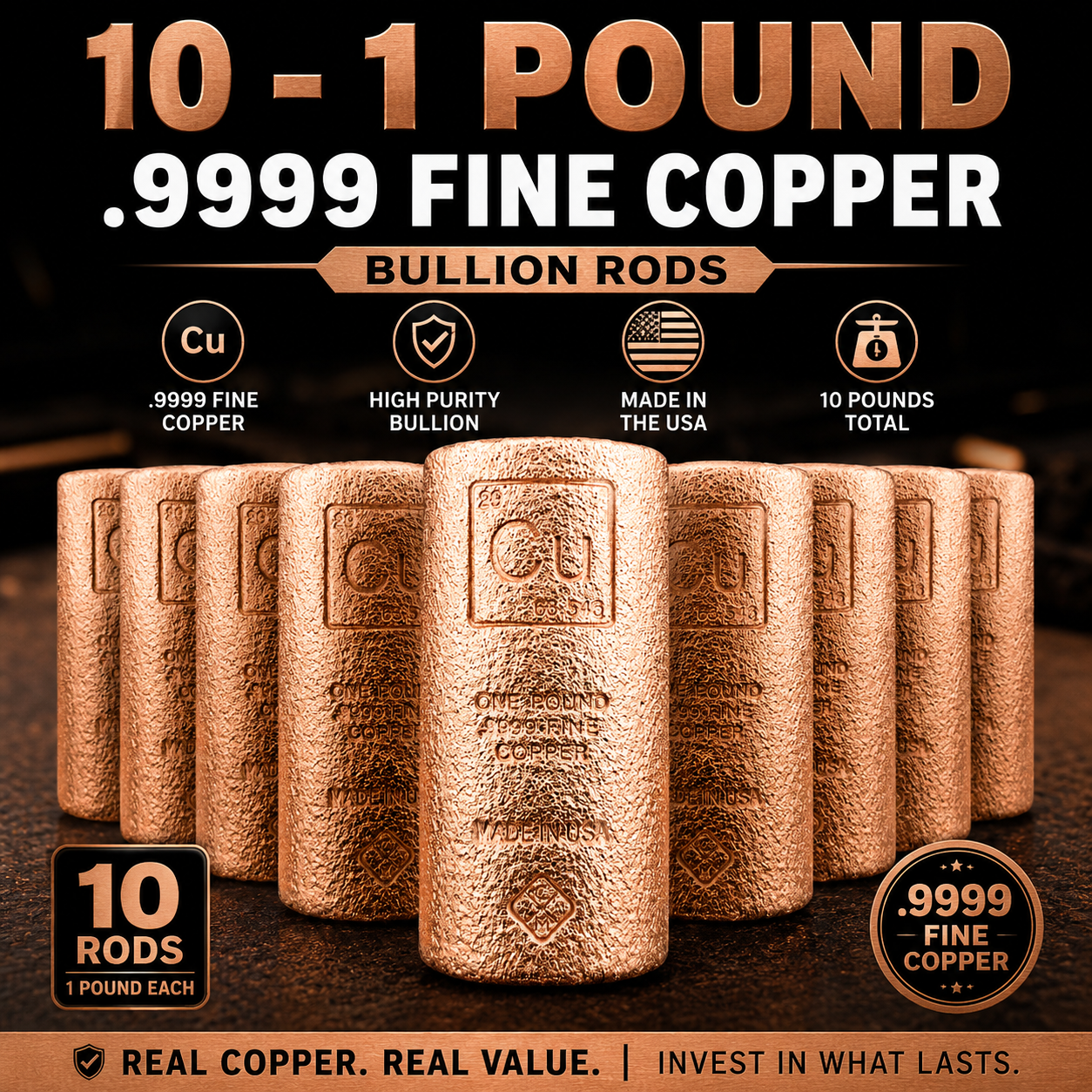 1 LB .999 Fine Copper Bullion Round Bar – Elemental Design Stamped with Cu Symbol
