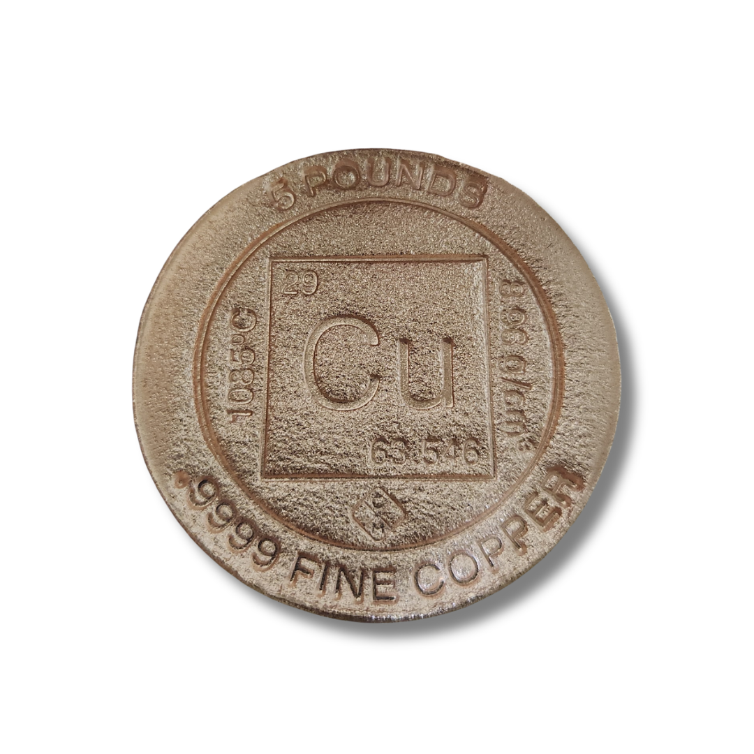 Solid 5 pound .999 fine copper cylinder bar with smooth polished finish stamped

High-purity 5 lb .999 fine copper cylinder for casting, collecting, or investment

5 pound .999 fine copper cylinder made from high-purity copper with a clean, solid cylindrical shape and smooth surface