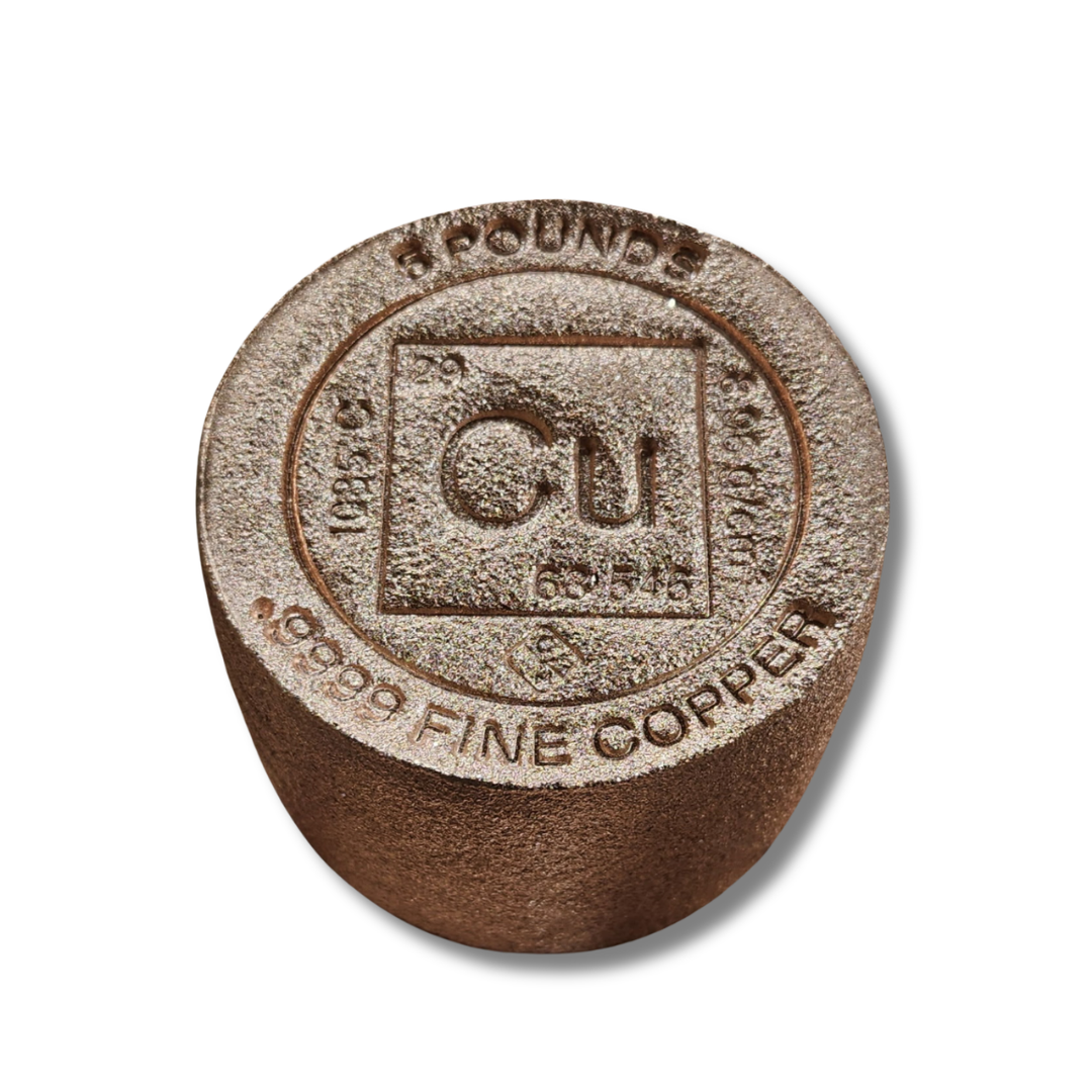 Solid 5 pound .999 fine copper cylinder bar with smooth polished finish stamped

High-purity 5 lb .999 fine copper cylinder for casting, collecting, or investment

5 pound .999 fine copper cylinder made from high-purity copper with a clean, solid cylindrical shape and smooth surface