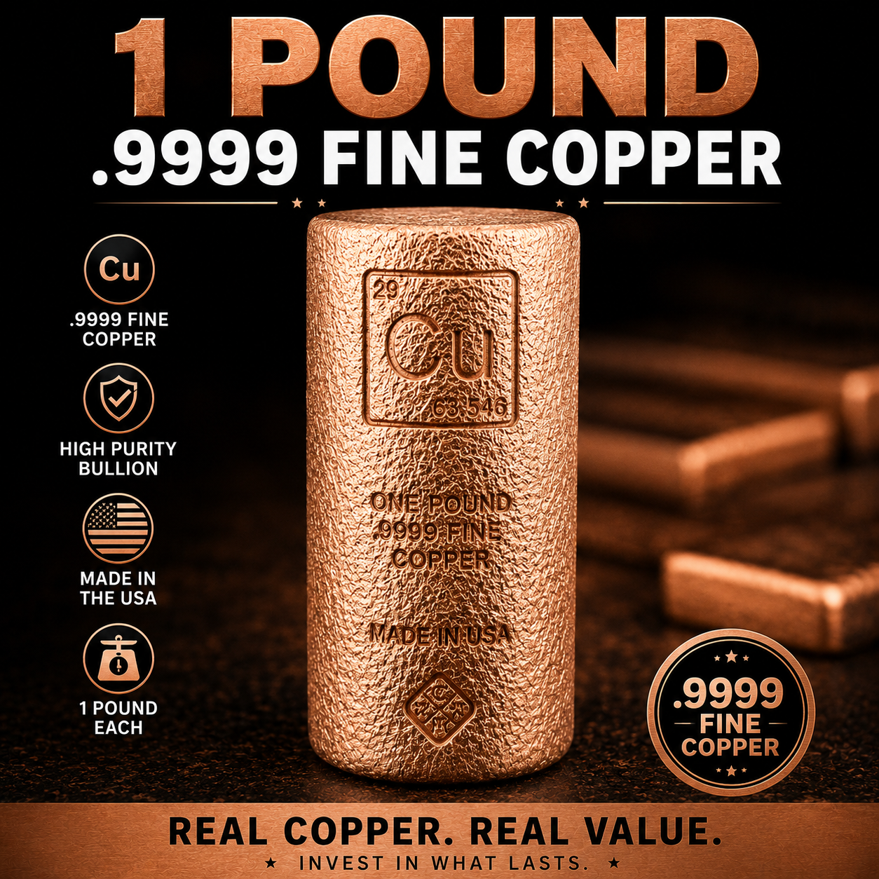 1 LB .999 Fine Copper Bullion Round Bar – Elemental Design Stamped with Cu Symbol