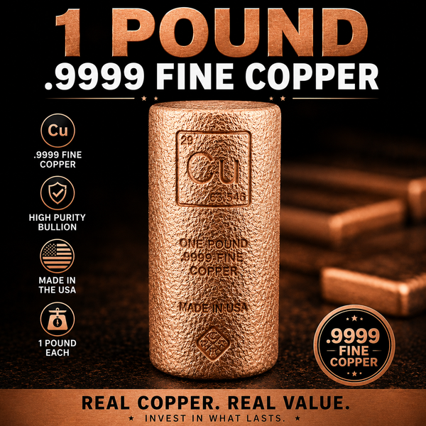 1 LB .999 Fine Copper Bullion Round Bar – Elemental Design Stamped with Cu Symbol