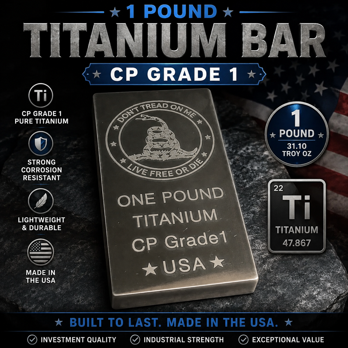 1 lb Titanium Bar – Don’t Tread on Me Design – CP Grade 1 Titanium – Etched Bullion Bar