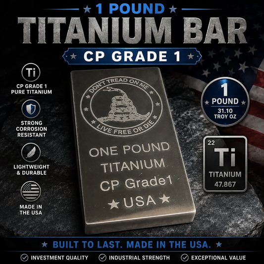 1 lb Titanium Bar – Don’t Tread on Me Design – CP Grade 1 Titanium – Etched Bullion Bar