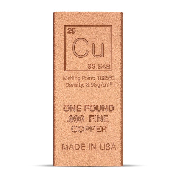High-purity one pound .999 fine copper flat bullion bar featuring a stamped elemental design, ideal for collectors and copper stackers.
