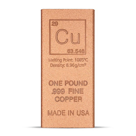High-purity one pound .999 fine copper flat bullion bar featuring a stamped elemental design, ideal for collectors and copper stackers.
