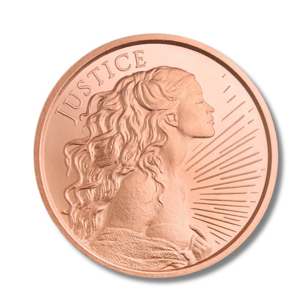 2025 Copper Round, Silver Shield, Justice, Four Cardinal Virtues, Heidi Wastweet, Lady Justice, 1 oz Copper Round, .999 Fine Copper, Copper Bullion, Collectible Copper, Liberty Copper, Philosophical Art, King Archetype, Copper Coin