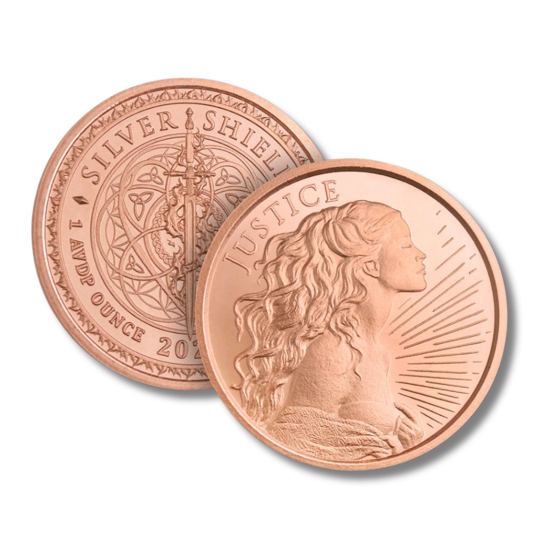 2025 Copper Round, Silver Shield, Justice, Four Cardinal Virtues, Heidi Wastweet, Lady Justice, 1 oz Copper Round, .999 Fine Copper, Copper Bullion, Collectible Copper, Liberty Copper, Philosophical Art, King Archetype, Copper Coin