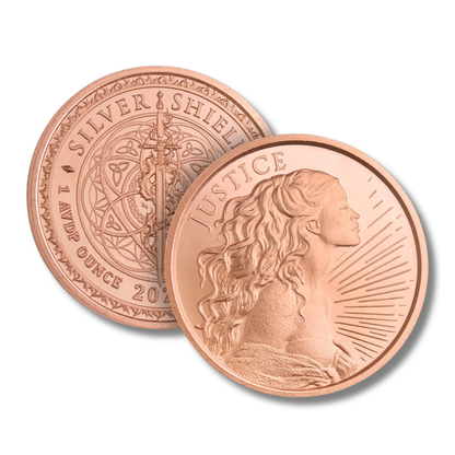 2025 Copper Round, Silver Shield, Justice, Four Cardinal Virtues, Heidi Wastweet, Lady Justice, 1 oz Copper Round, .999 Fine Copper, Copper Bullion, Collectible Copper, Liberty Copper, Philosophical Art, King Archetype, Copper Coin