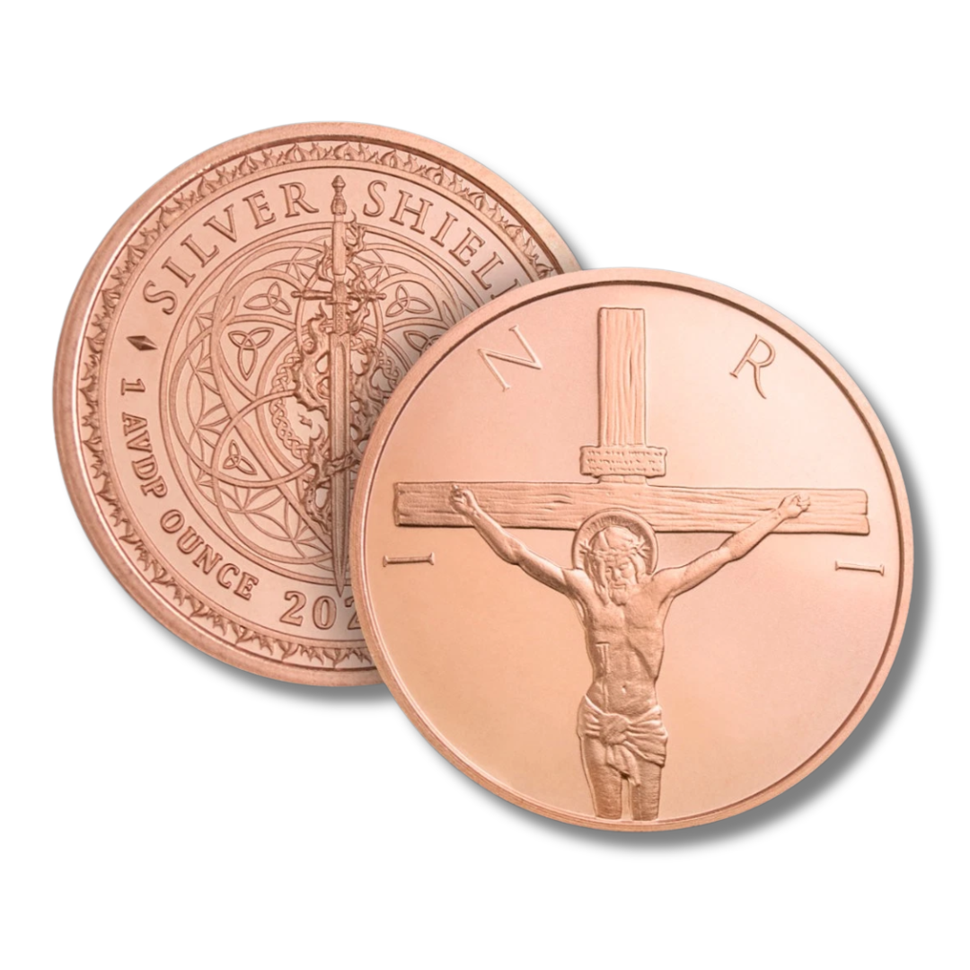 1 oz Copper Round, Silver Shield, Crucifixion of Christ, Jesus Christ, Christian Coin, Christian Gift, Religious Copper Round, .999 Fine Copper, Copper Bullion, 2026 Copper Round, Collectible Copper, Faith, Liberty Copper