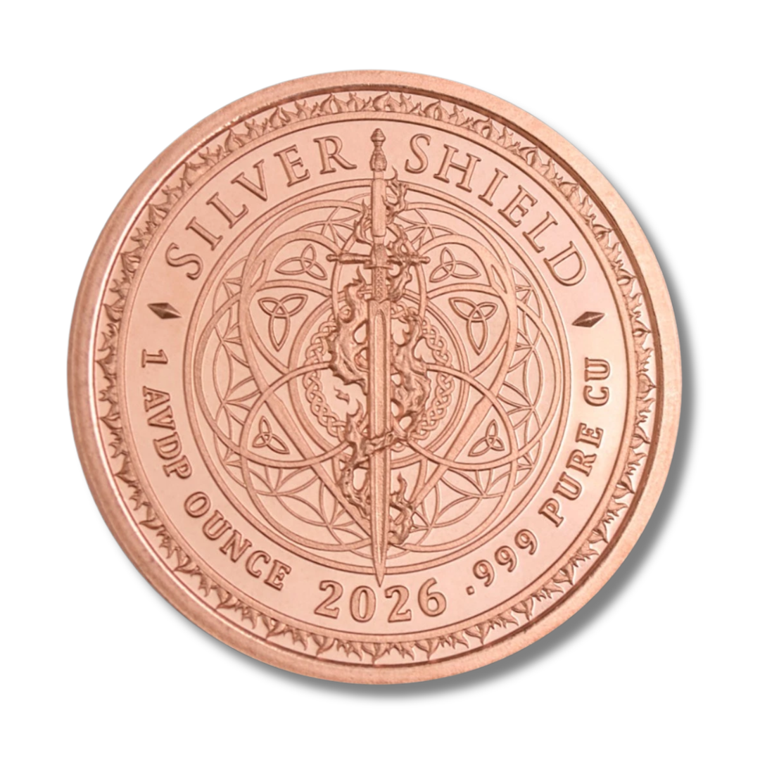 2025 Copper Round, Silver Shield, Justice, Four Cardinal Virtues, Heidi Wastweet, Lady Justice, 1 oz Copper Round, .999 Fine Copper, Copper Bullion, Collectible Copper, Liberty Copper, Philosophical Art, King Archetype, Copper Coin