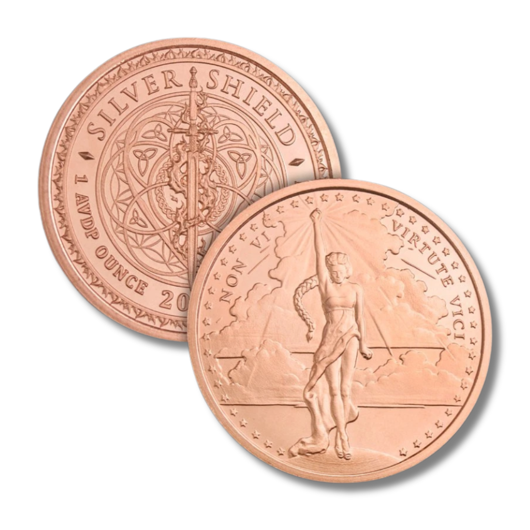 2026 Copper Round, Silver Shield, Non Vi Virtute Vici, Limited Collection, 1 oz Copper Round, .999 Fine Copper, Copper Bullion, Latin Motto, Collectible Copper, Liberty Copper, Philosophy, Inspirational Coin, Copper Medallion, Copper Round