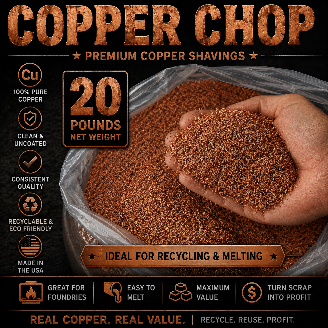 20 lb pure copper chop and copper shavings for melting, casting and foundry use