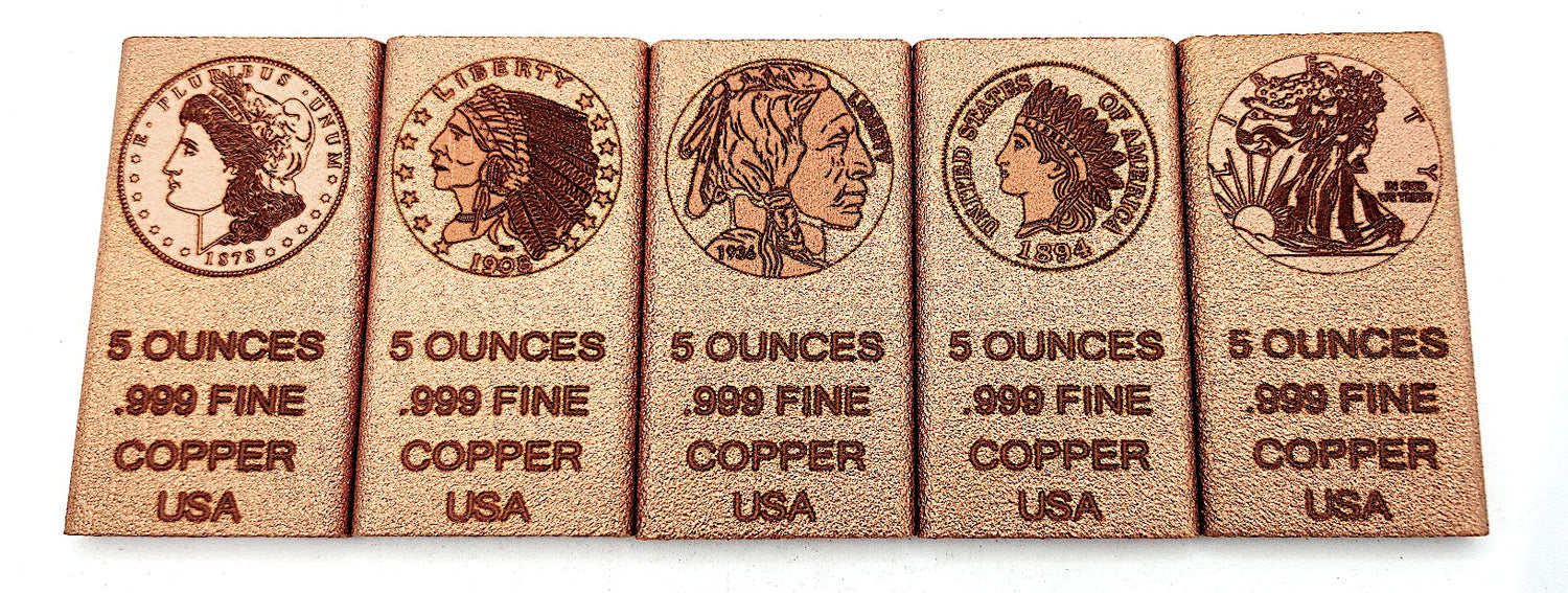 Walking Liberty, Incuse, Buffalo Nickel, Morgan Head and Indian Cent 5 oz Copper Bar by Liberty Copper