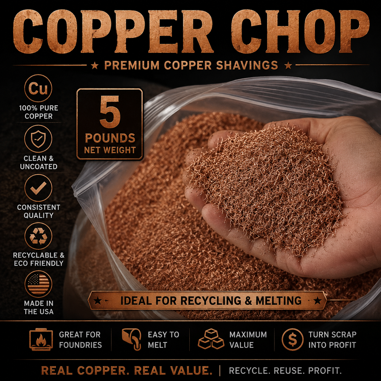 5 lb pure copper chop and copper shavings for melting, casting and foundry use
