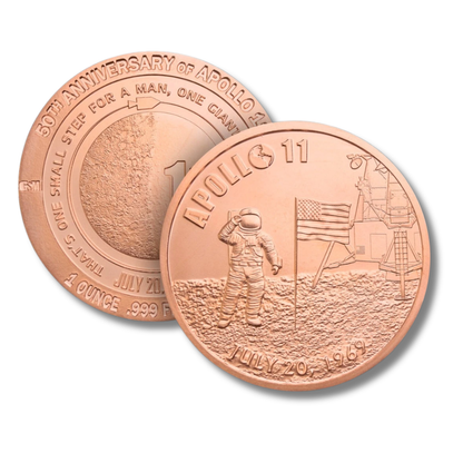 Front and back view of Apollo 11 50th Anniversary 1 oz .999 fine copper bullion round by Golden State Mint