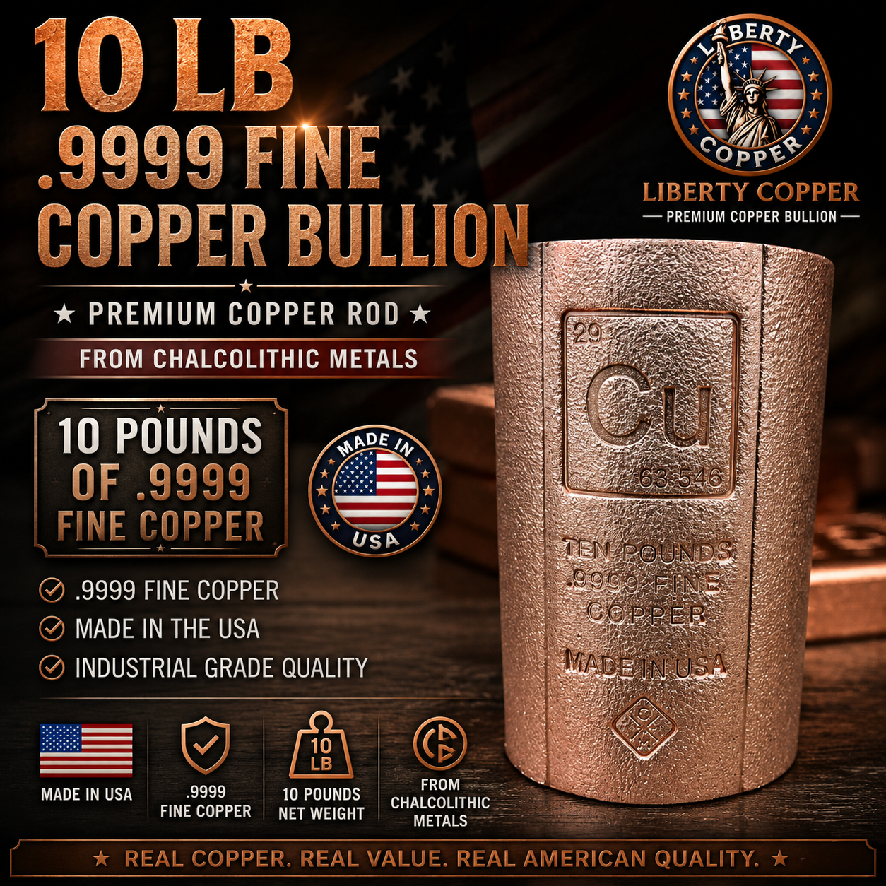 10 lb .9999 Fine Copper Bullion Cylinder – Made in USA | Investment Grade Copper Bar