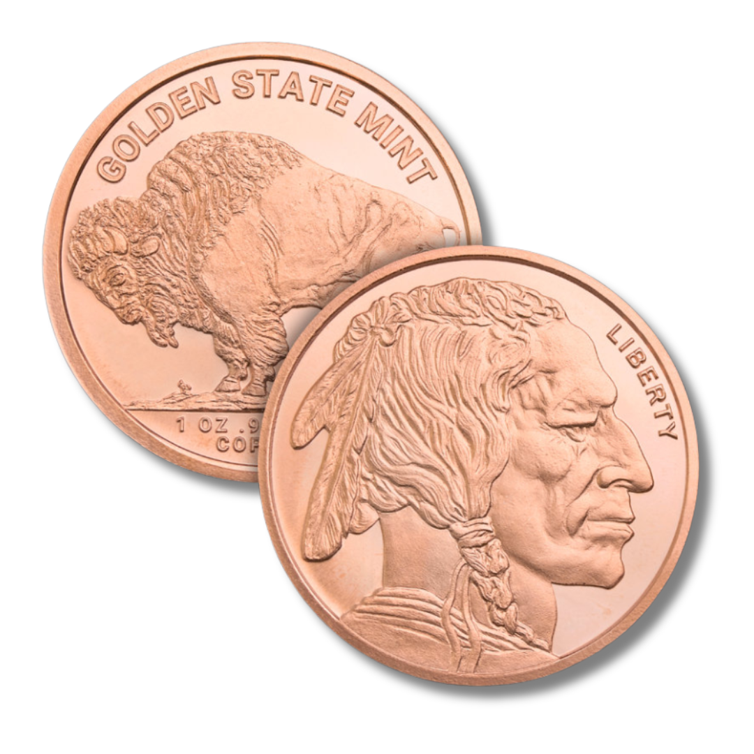 buffalo copper round, 1 oz copper round, .999 fine copper, golden state mint copper, buffalo nickel copper round, copper bullion round, buy copper rounds, copper stacking, copper investment, copper collector, made in USA copper rounds