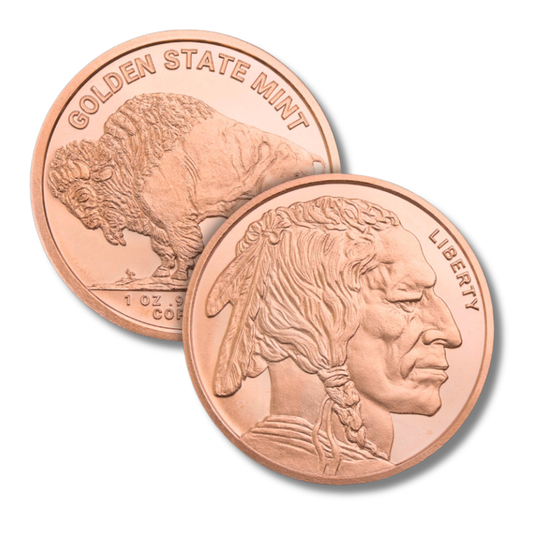 buffalo copper round, 1 oz copper round, .999 fine copper, golden state mint copper, buffalo nickel copper round, copper bullion round, buy copper rounds, copper stacking, copper investment, copper collector, made in USA copper rounds