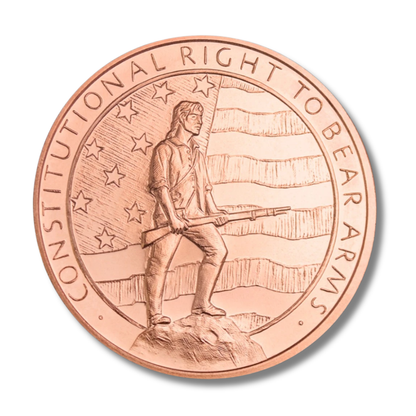 Obverse of Second Amendment copper round showing founding father holding rifle with waving American flag and Constitutional Right to Bear Arms inscription