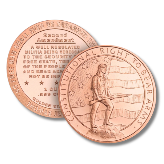 Second Amendment 1 oz .999 fine copper round featuring patriotic founding father with rifle and American flag