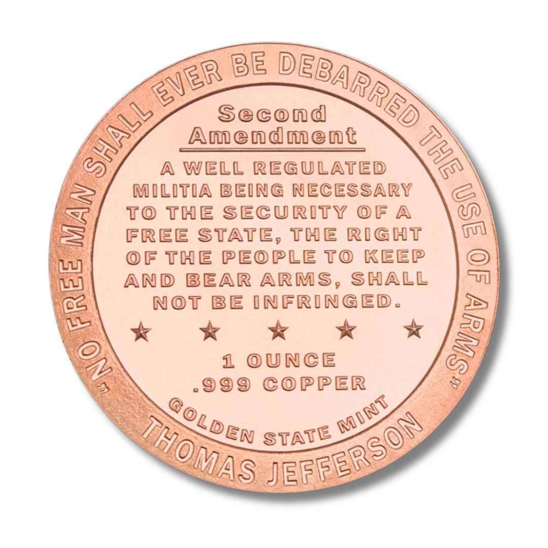 Reverse of Second Amendment .999 fine copper round displaying full Second Amendment text and Thomas Jefferson quote