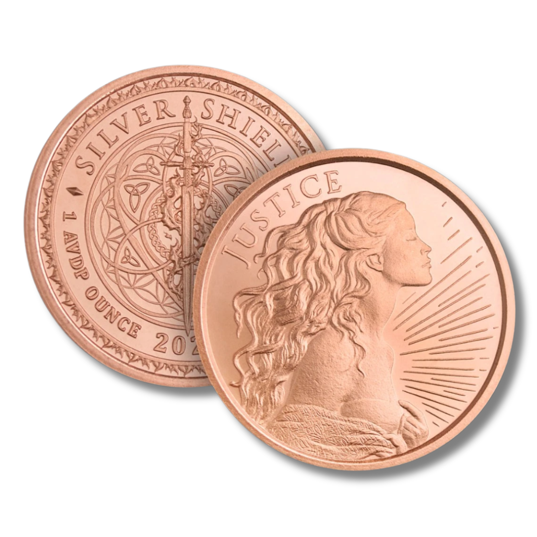Silver Shield, Justice Round, Four Cardinal Virtues, Heidi Wastweet, Copper Round, .999 Fine Copper, Lady Justice, Collectible Copper, Copper Bullion, Virtue Series, Wisdom, Courage, Temperance, Prudence, Copper Stacker, 2026 Copper Round