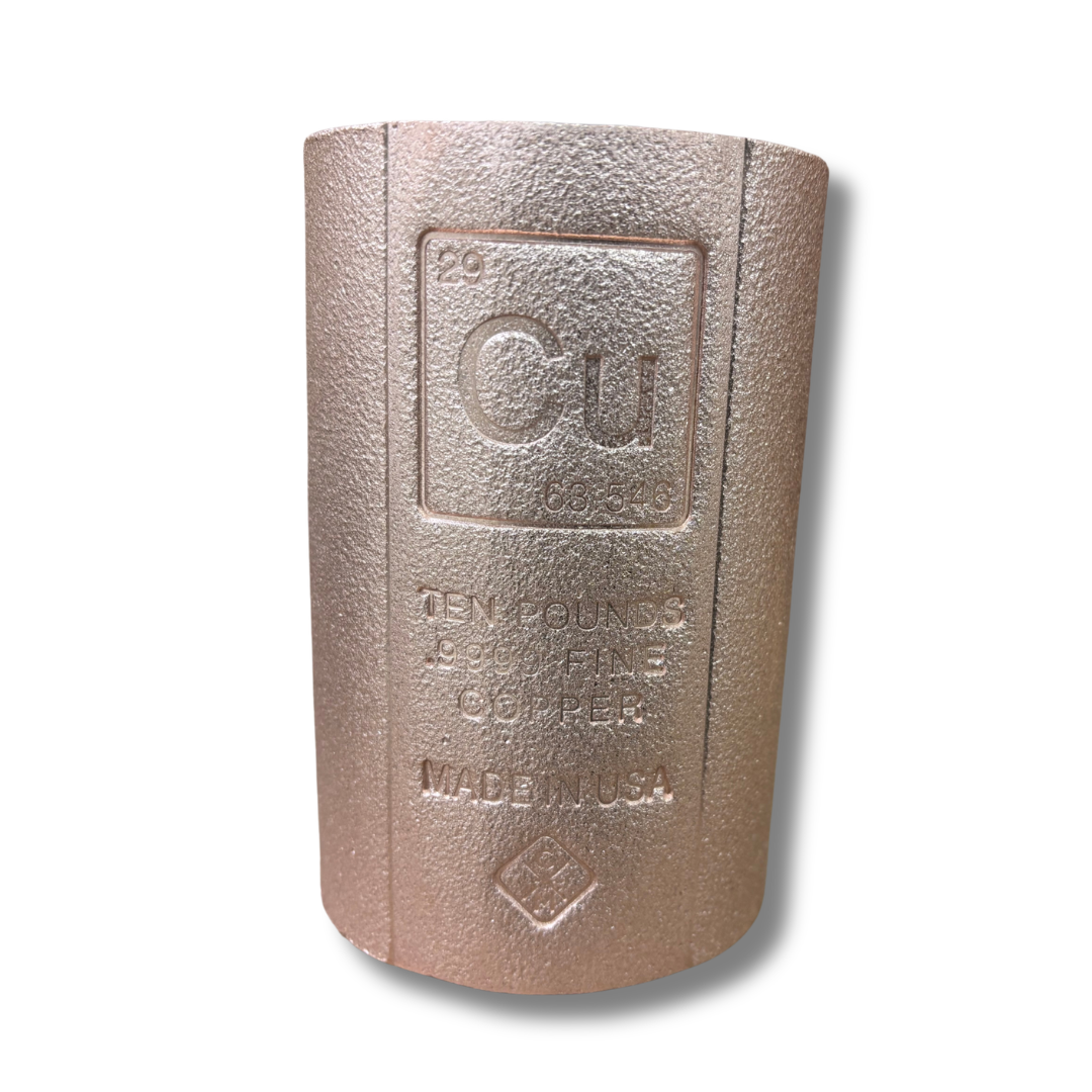 A ten-pound cast copper , featuring a textured metallic copper finish with embossed text and a periodic table of elements design, shown on a white background with a soft drop shadow.