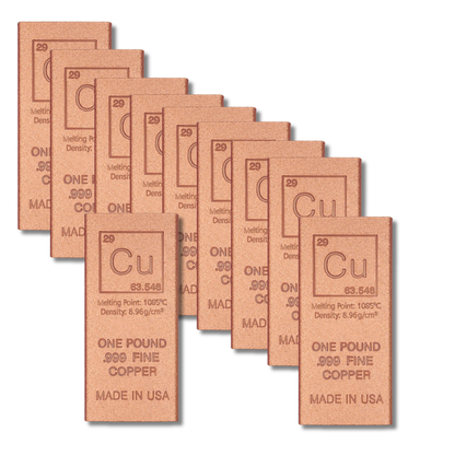 10 lb copper, copper bar bundle, 1 lb copper bars, .999 fine copper, copper bullion, buy copper bars, copper stacking, bulk copper, copper ingot, cu element bar
