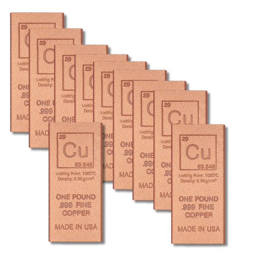 10 lb copper, copper bar bundle, 1 lb copper bars, .999 fine copper, copper bullion, buy copper bars, copper stacking, bulk copper, copper ingot, cu element bar
