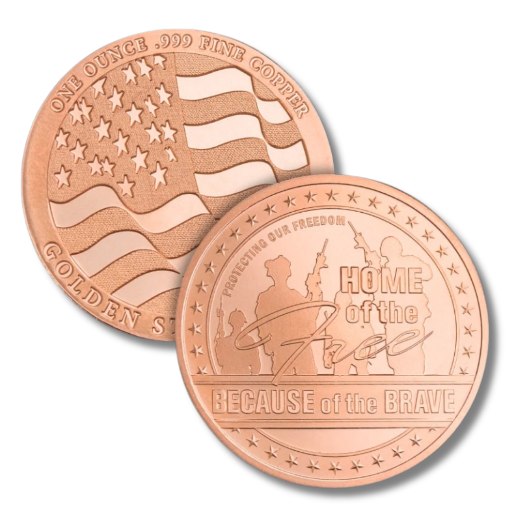 Home of the Free Because of the Brave, Golden State Mint, 1 oz Copper Round, .999 Fine Copper, Patriotic Copper, Military Tribute, American Flag, Veteran Gift, Copper Bullion, USA Made, Liberty Copper, Copper Stacker, Collectible Copper, Armed Forces, Freedom Collection, Patriotic Gift