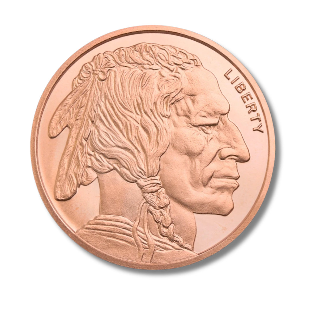 buffalo copper round, 1 oz copper round, .999 fine copper, golden state mint copper, buffalo nickel copper round, copper bullion round, buy copper rounds, copper stacking, copper investment, copper collector, made in USA copper rounds