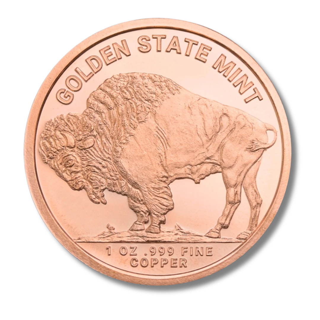 buffalo copper round, 1 oz copper round, .999 fine copper, golden state mint copper, buffalo nickel copper round, copper bullion round, buy copper rounds, copper stacking, copper investment, copper collector, made in USA copper rounds