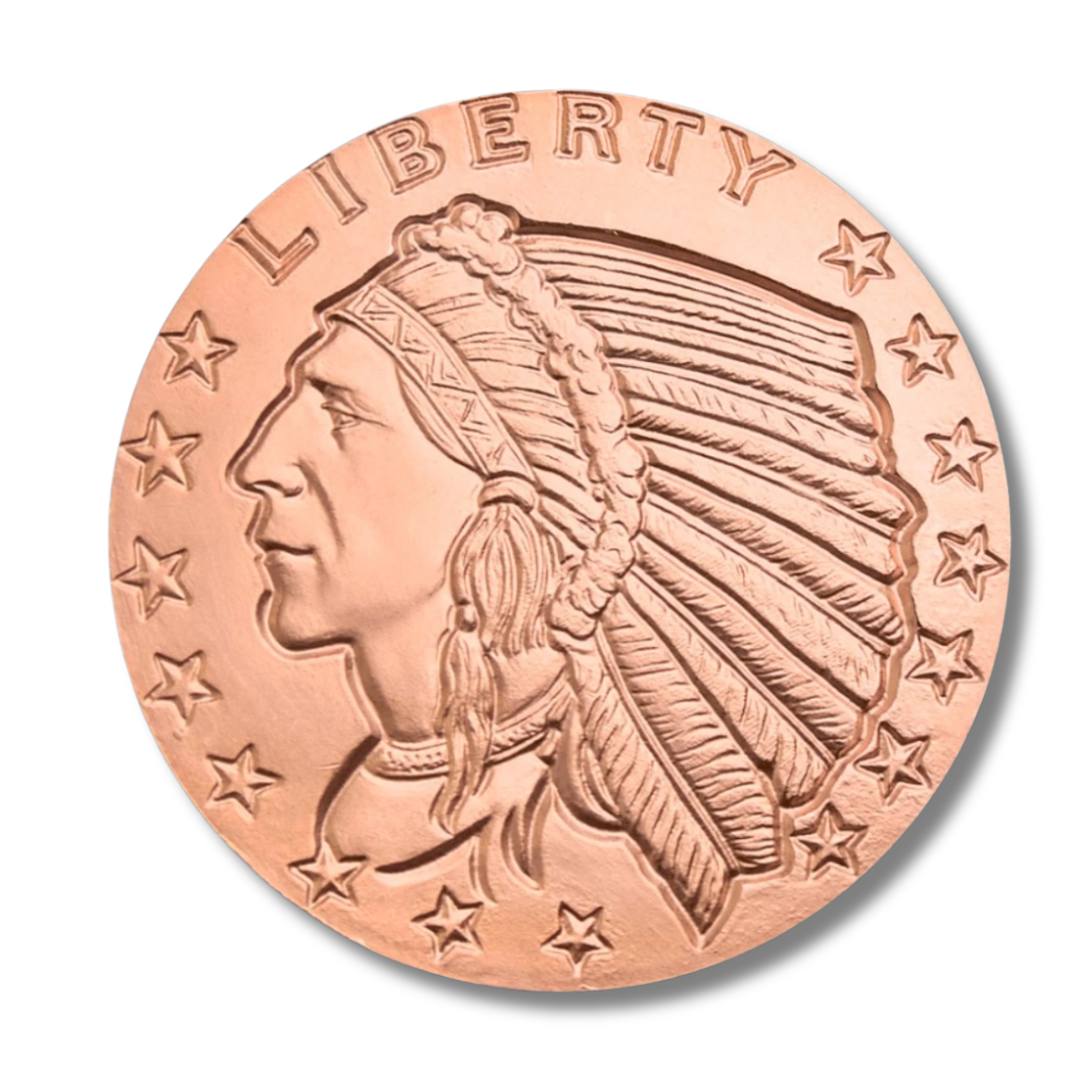 incuse indian copper round, 1 oz copper round, .999 fine copper, golden state mint copper, indian head copper round, copper bullion round, buy copper rounds, copper stacking, copper investment, copper collector, made in USA copper rounds