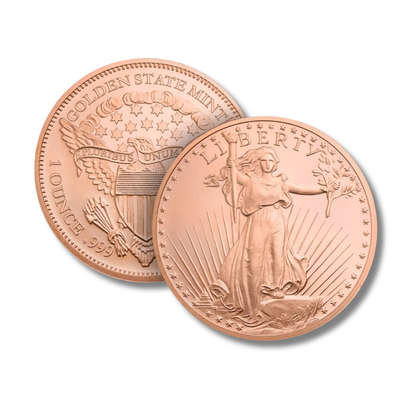 saint gaudens copper round, 1 oz copper round, .999 fine copper, golden state mint copper, double eagle copper round, copper bullion round, copper collector, copper stacking, copper investment, buy copper rounds, american coin design, copper bullion usa, made in USA copper rounds, liberty copper, saint gaudens bullion round