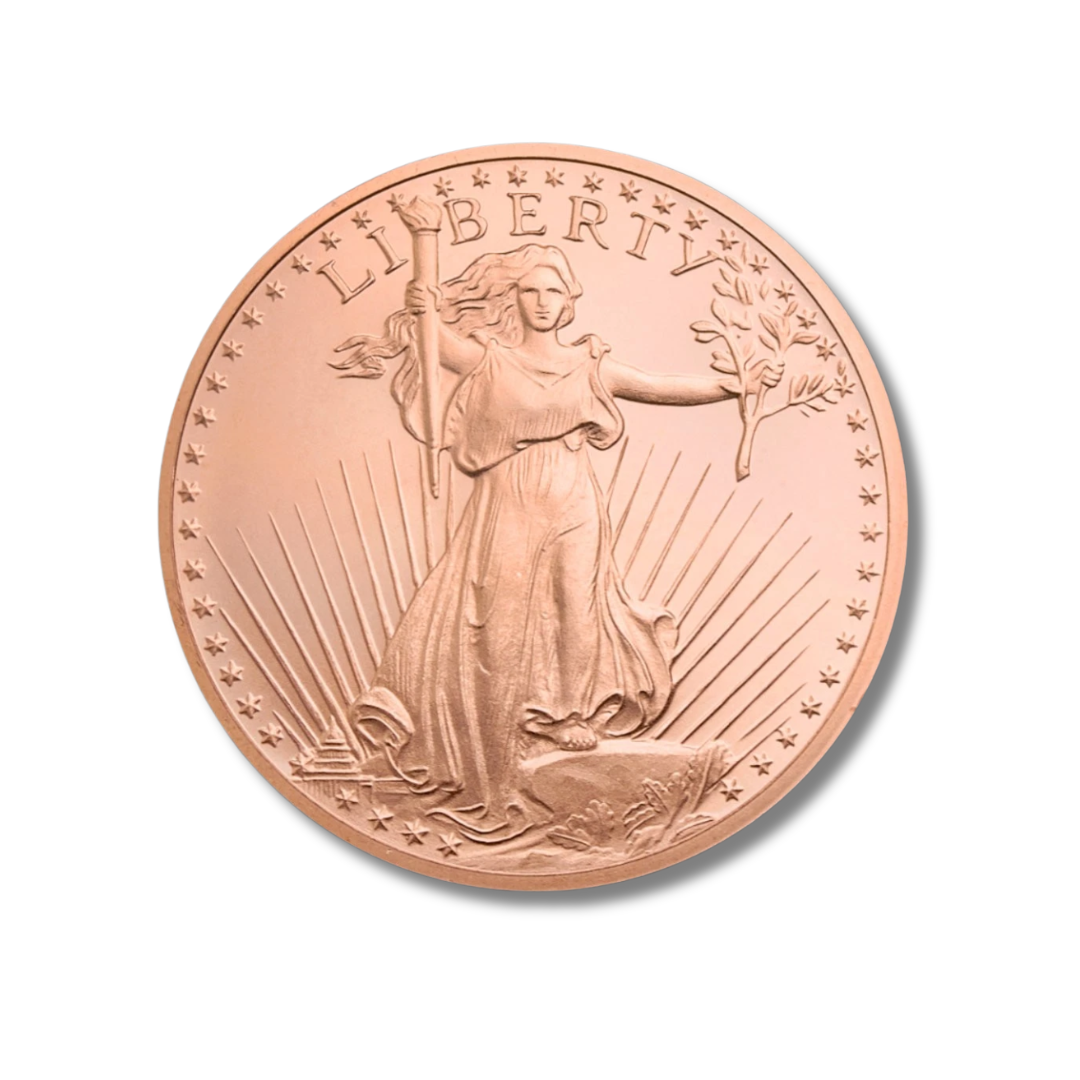 saint gaudens copper round, 1 oz copper round, .999 fine copper, golden state mint copper, double eagle copper round, copper bullion round, copper collector, copper stacking, copper investment, buy copper rounds, american coin design, copper bullion usa, made in USA copper rounds, liberty copper, saint gaudens bullion round
