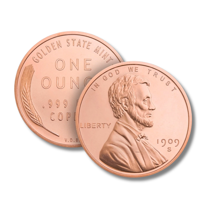 lincoln copper round, wheat cent copper round, 1 oz copper round, .999 fine copper, abraham lincoln copper round, golden state mint copper, copper bullion round, buy copper rounds, copper stacking, copper collector, copper investment, wheat penny copper round, made in USA copper rounds, liberty copper