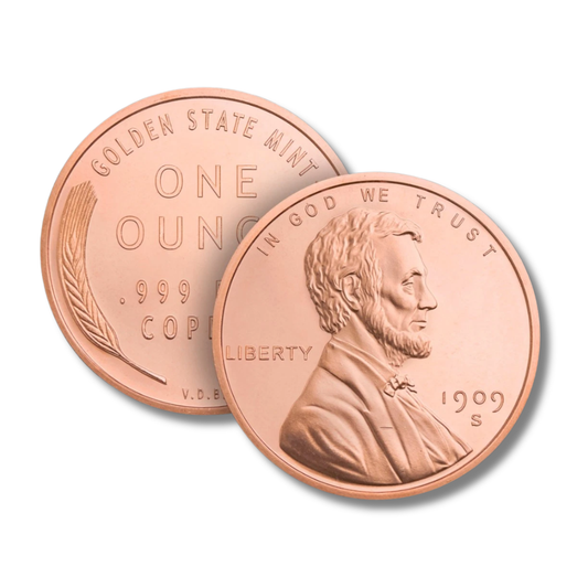 lincoln copper round, wheat cent copper round, 1 oz copper round, .999 fine copper, abraham lincoln copper round, golden state mint copper, copper bullion round, buy copper rounds, copper stacking, copper collector, copper investment, wheat penny copper round, made in USA copper rounds, liberty copper