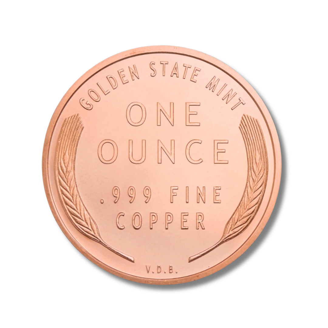 lincoln copper round, wheat cent copper round, 1 oz copper round, .999 fine copper, abraham lincoln copper round, golden state mint copper, copper bullion round, buy copper rounds, copper stacking, copper collector, copper investment, wheat penny copper round, made in USA copper rounds, liberty copper