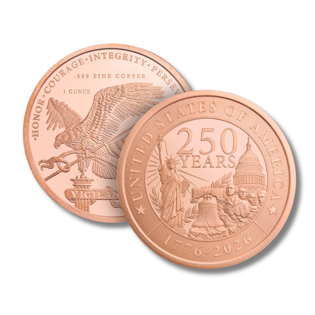 250th Anniversary, America 250, 1776 2026, Copper Round, Golden State Mint, Patriotic Copper, USA Anniversary, Liberty Bell, Statue of Liberty, Mount Rushmore, Copper Bullion, .999 Fine Copper, American History, Collectible Copper, Commemorative Round