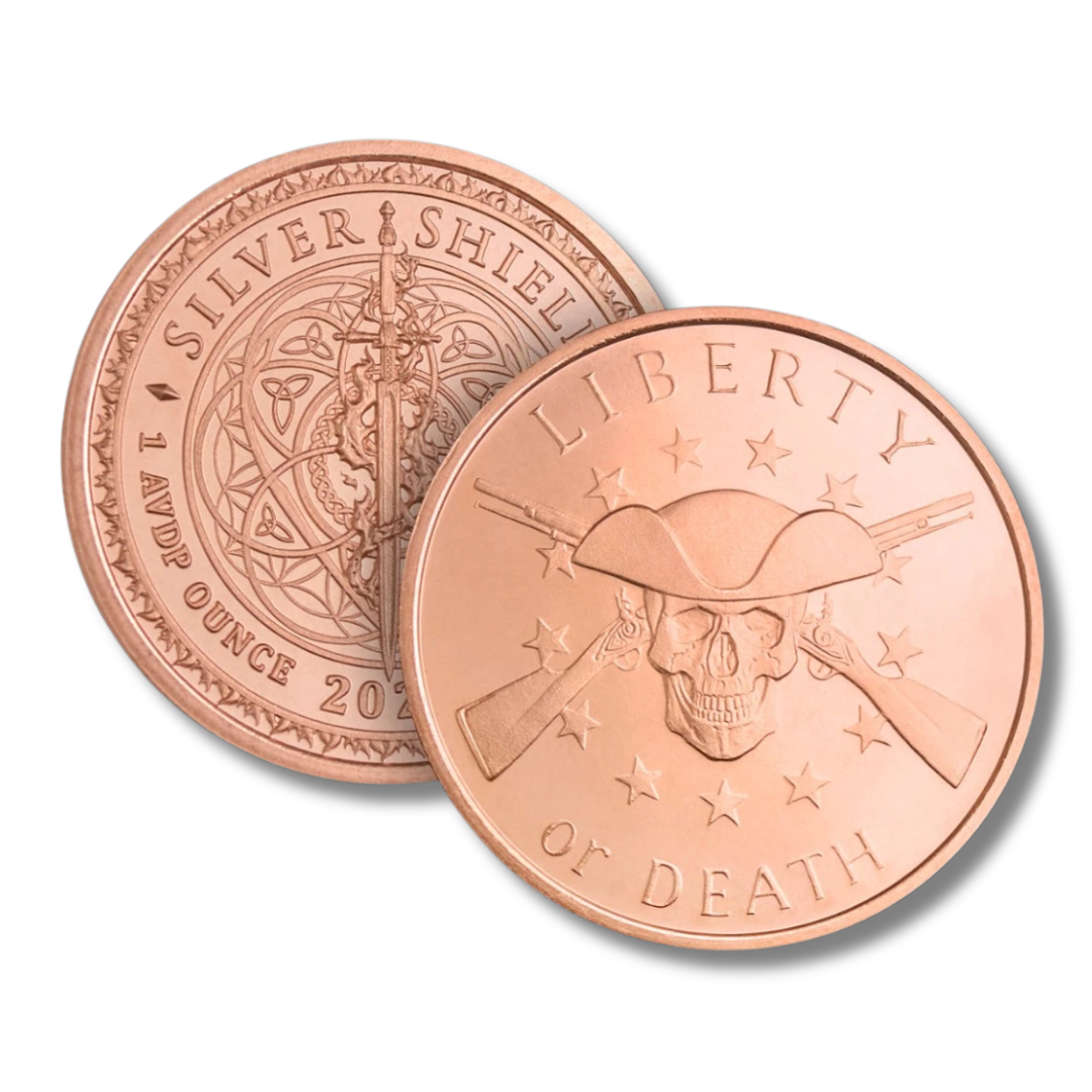 Silver Shield, Give Me Liberty Or Give Me Death, Patrick Henry, Copper Round, .999 Fine Copper, American Revolution, Patriotic Copper, Liberty Round, Collectible Copper, Copper Bullion, American History, Copper Stacker, 2026 Copper Round, USA Made, Freedom Collection
