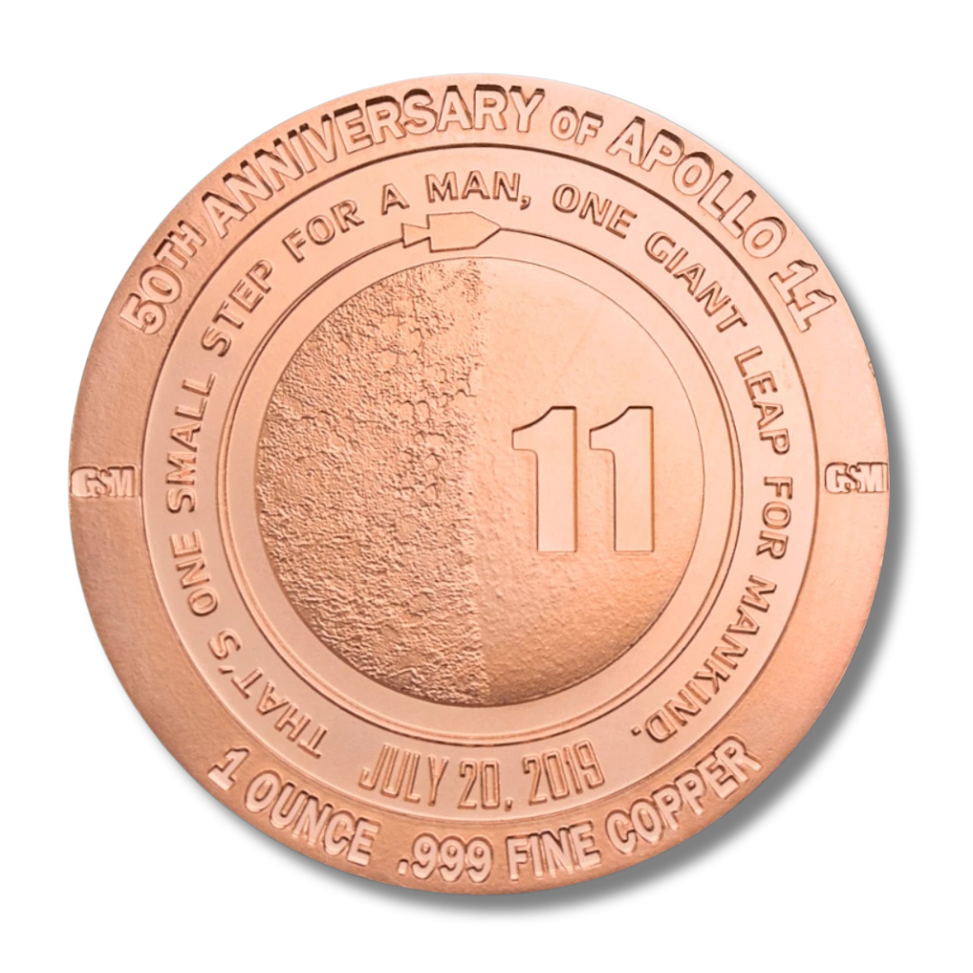 Reverse of Apollo 11 50th Anniversary copper round featuring moon design, orbiting command module, and famous moon landing quote