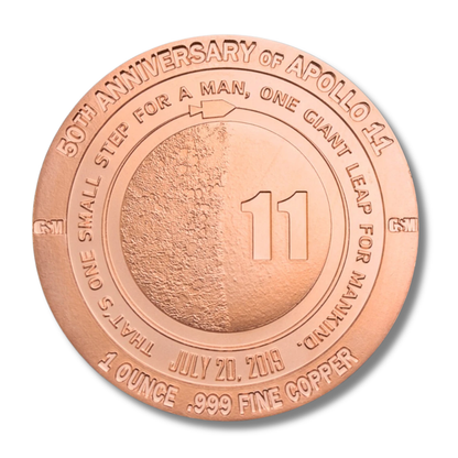 Reverse of Apollo 11 50th Anniversary copper round featuring moon design, orbiting command module, and famous moon landing quote