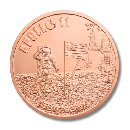 Close-up of Apollo 11 copper round obverse showing astronaut on lunar surface, American flag, Apollo lander, and July 20 1969 date