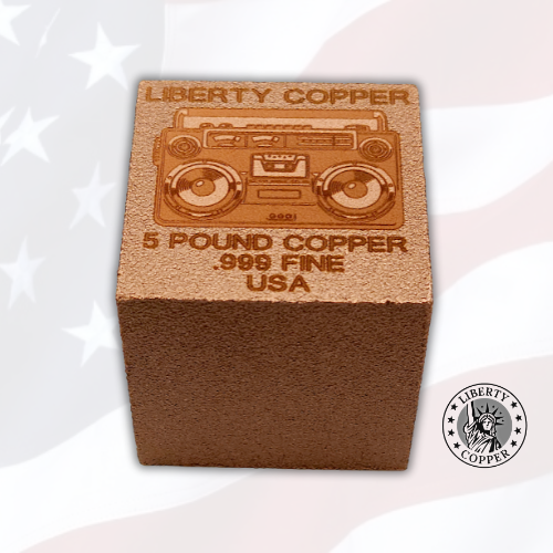 RETRO COPPER - BOOMBOX DESIGN - 5 POUND CUBE .999 FINE COPPER BULLION BAR by Liberty Copper