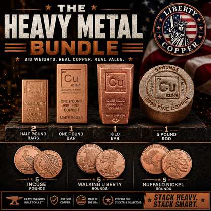 heavy metal bundle, copper bullion bundle, copper stack bundle, 5 pound copper rod, kilo copper bar, 1 pound copper bar, half pound copper bar, buffalo copper rounds, walking liberty copper rounds, incuse indian copper rounds, .999 fine copper, copper bullion, copper collector, copper stacker, buy copper bullion, copper investment, copper bars and rounds, made in USA copper, liberty copper, copper collection
