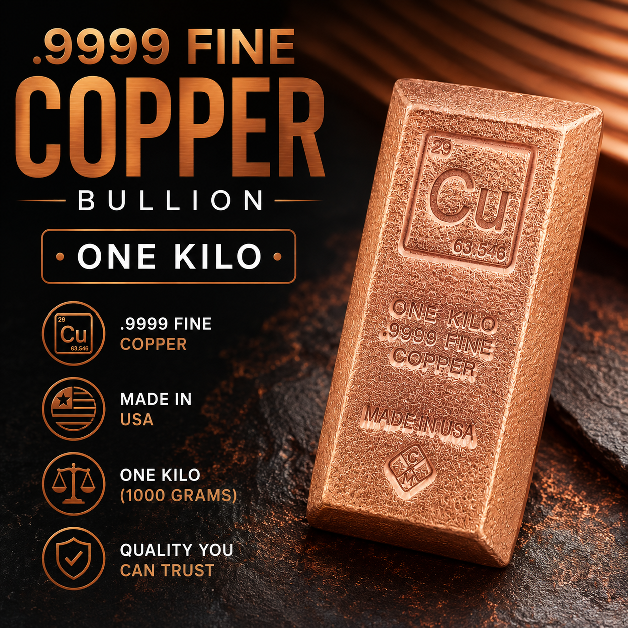 A one kilo copper bullion bar shown on a dark textured surface with promotional text reading '.9999 FINE COPPER', 'BULLION', 'ONE KILO', and feature icons for '.